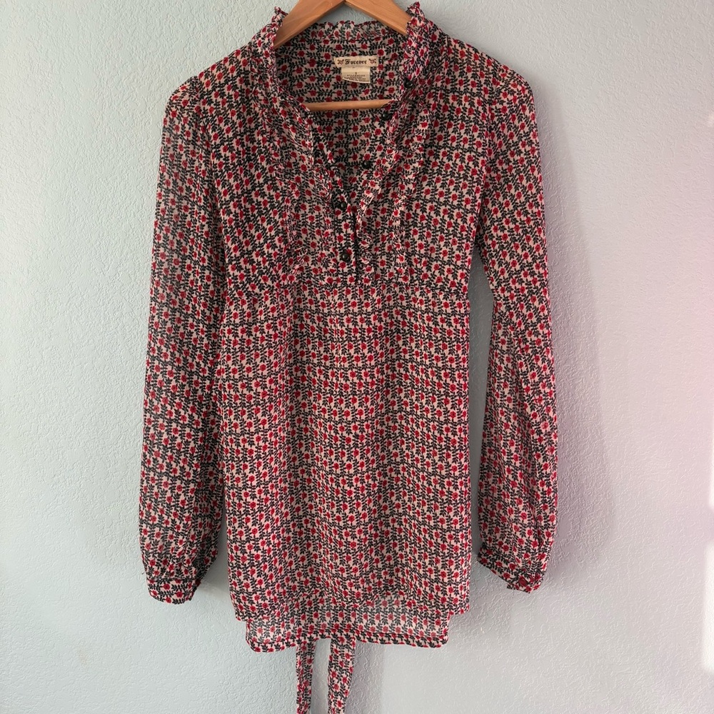 Vintage Forever 21 Red Black Floral Sheer Tunic Top Ruffle Y2K